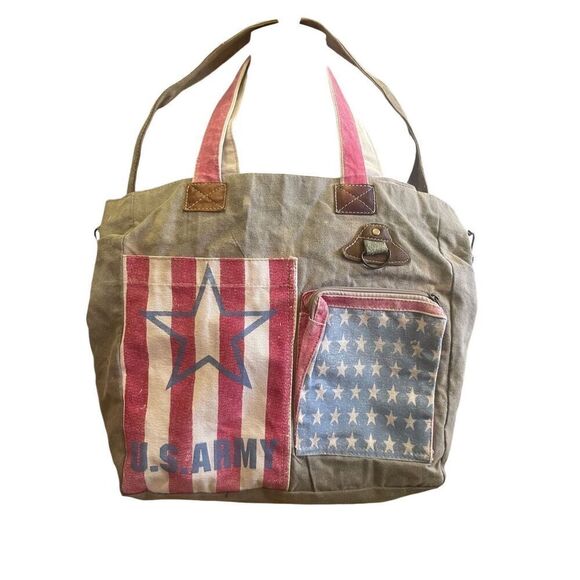 The Barrel Shack Leather Recycled Canvas Tote Patriotic One Size-NWOT - Picture 2 of 16